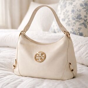 Tory Burch Cream Leather Hobo Bag Gold Accents EUC